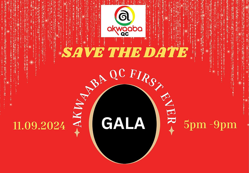 Red background with white pattern reading Save the Date for the first ever Akwaava QC Gala